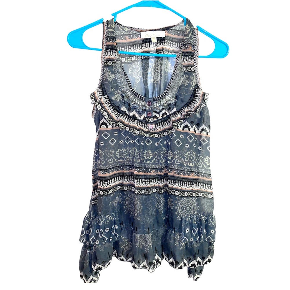 Solitaire sheer sleeveless top, beaded neck, ruffles, gray/pink, size Med